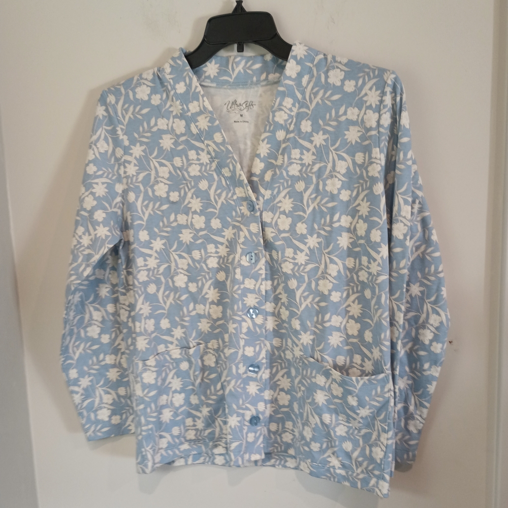 UltraSofts Women's Blue Floral Button Front Cardigan Shirt Jacket Pockets Med